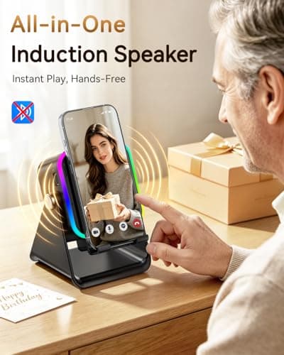Gifts for Men Tech Gadgets Wireless Induction Speaker with Phone Stand, 5-in-1 Bluetooth Speaker with RGB Light, Adjustable Desk Phone Holder with Emergency Charging for Home Office Kitchen Use - Thumbnail 5