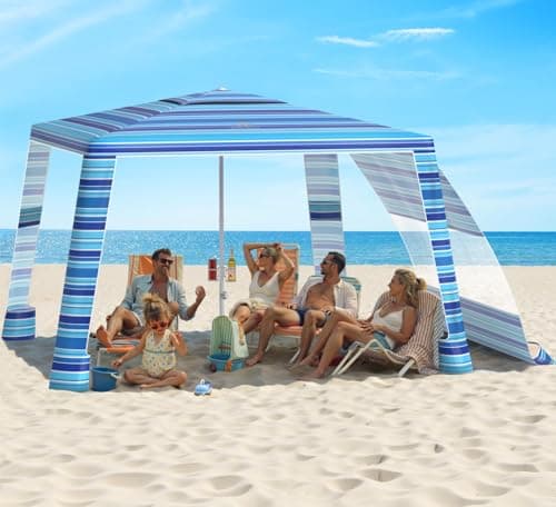Rhino Valley Beach Cabana, 8 * 8FT Beach Tent UPF50+ Protection, Easy Setup Beach Canopy Wind Resistant with Cup Holder, Compact Beach Shade Foldable Beach Tent Sun Shelter, Blue Four Stripes - Image 1