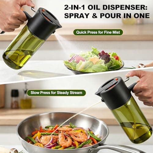 2-IN-1 500ml/17oz Light-Blocking Dark Oil Sprayer for Cooking with Sticker, Dark Green Glass Olive Oil Dispenser Bottle for Kitchen, Even Spray with Portion Control, Perfect for Air Fryer, BBQ - Black - Thumbnail 5