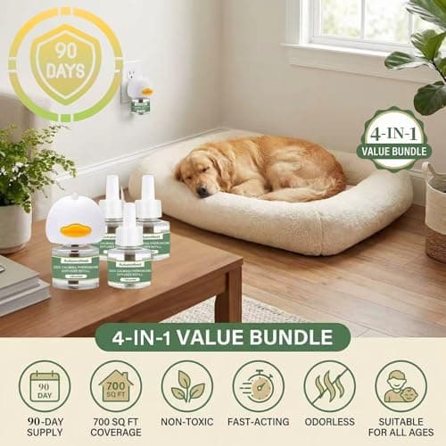 4-Pack Dog Calming Diffuser Kit (1 Diffuser + 3 Refills), Plug-in Pheromone Calming Diffuser for Dog, 90-Day Supply, Covers 700 sq ft, Safe & Odorless Stress Relief Solution, Promotes Relaxed Behavior - Thumbnail 2