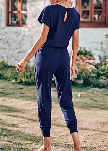 KIRUNDO Jumpsuits for Women Summer 2026 Casual Short Sleeve One Piece Outfits Drawstring Waist Long Pants Romper Jumpers(Navy, Medium) - Thumbnail 5
