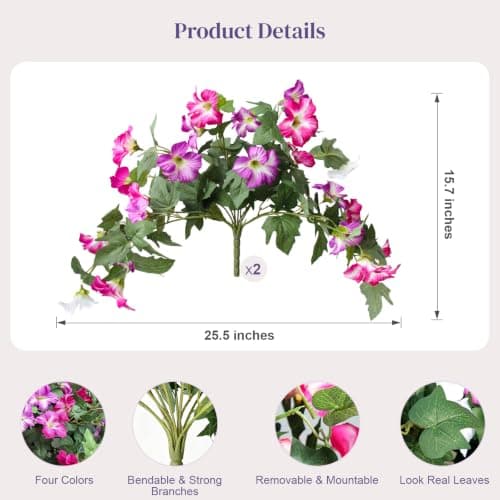 Flortevera Artificial Fake Flowers Plants for Outdoor UV Resistant, 2PCS Silk Faux Petunias No Fade Summer for Outside Planter Front Door Porch Yard Patio Balcony Realistic Decoration Fuchsia White - Thumbnail 2