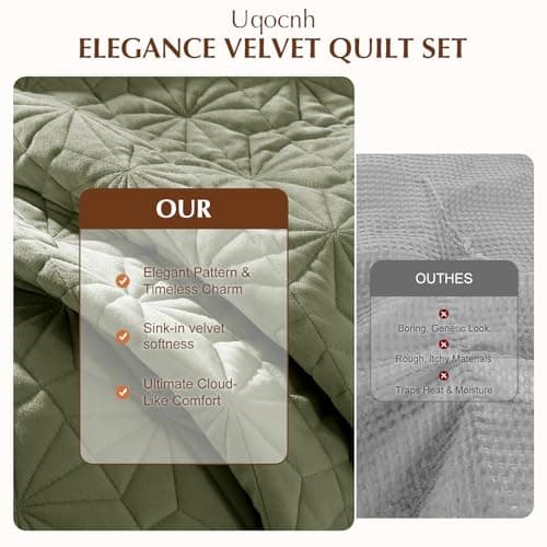 Uqocnh Luxury Velvet Quilt Set King Size 3 Piece, Soft Channel Stitch Velvet Comforter Set with 2 Pillow Shams, Lightweight Coverlet Bedspread Bedding Set for All Seasons, Olive Green - Thumbnail 5