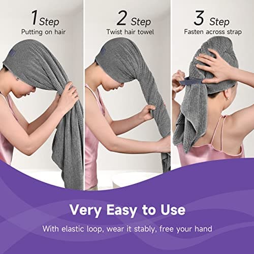 Umisleep Extra Large Microfiber Hair Towel for Women Long, Curly, Thick Hair, Super Soft Anti Frizz Quick Dry Hair Towel Wrap, Ultra Absorbent Hair Turban with Elastic Band Grey - Thumbnail 2