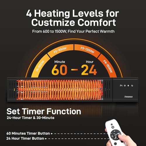 Powerscale 1500W Electric Patio Heater, IP65 Waterproof, Remote, Fast Heating, 4 Heat Levels, 24H Timer & Memory Function, Wall Mounted Indoor/Outdoor Heater for Patio, Garage, Backyard, Black - Thumbnail 4