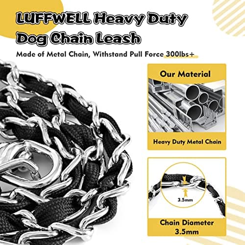 LUFFWELL Heavy Duty Metal Dog Chain Leash with Comfortable PU Leather Padded Handle, Chew Proof for Medium Large Pooch Walking Training (4FT 3.5mm Black) - Thumbnail 2