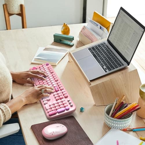 Atelus Wireless Keyboard and Mouse, Typewriter Full Size Keyboard with Number Pad and 2 in 1 USB Connected Mouse for Windows 7/8/10, Laptop, Desktop, PC, Computer (Pink Colorful) - Thumbnail 3