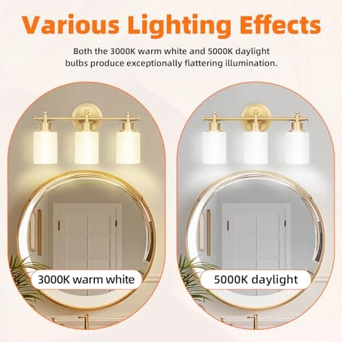 imizdlum 3-Light Gold Bathroom Vanity Light Fixtures, Brushed Gold Wall Sconce, Champagne Gold Vanity Light with Milky White Glass Shade Over Mirror, Bathroom, Bedroom, Modern Style, E26 Base - Thumbnail 5