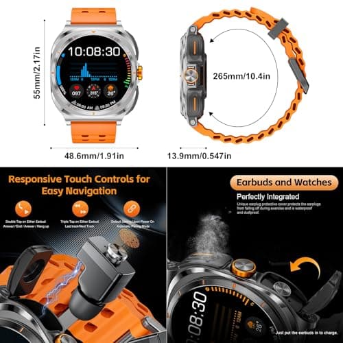 FANCHENGZI Smartwatch with Earbuds(Answer&Make Calls) IP67 Water Resistant Watch(2 Straps), Sports Watches 100+ Sports Modes (Cycling/Fitness/Hiking), DIY Watch Faces for Men Dad Husband (Silver) - Thumbnail 2