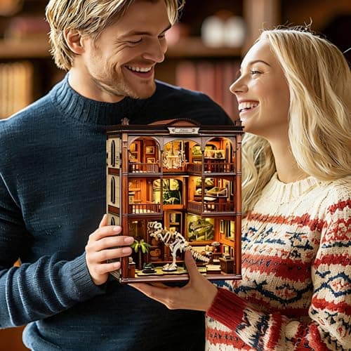 Havefunfun Dinosaur Museum Book Nook Kit - 3D Wooden Puzzle & DIY Miniature Dollhouse with LED Warm Light | Vintage Bookshelf Insert & Sturdy Bookends | Premium Creative Gift for Adults& Book Lovers - Thumbnail 5