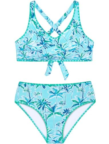 HOZIY Bikini Sets for Teens Teen Two Piece Bathing Suits Teenage Crisscross Tie Back Swimsuits Big Kids Swmming Suit Mint Green Palm Size 14-16