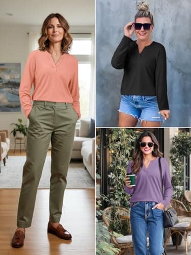 ATHMILE Womens Long Sleeve Tops V Neck Fall Dressy Casual Henley T Shirts Basic Tees Lightweight Tunic Blouse 2026 - Thumbnail 6