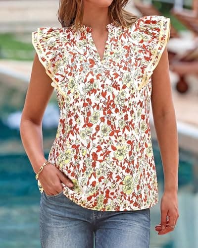 BTFBM Womens Tops Dressy Casual 2026 Spring Summer Shirts Boho Floral V Neck Ruffle Cap Sleeve Business Work Blouses(Floral Orange Yellow, Medium) - Thumbnail 4