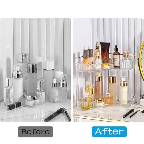 JTIYQ Corner Bathroom Counter Organizer, Vanity Trays for Bathroom, Skincare Makeup Organizer Shelf, Shelf Cosmetics, Toiletries, Lotions, Perfumes (2 Tiers, Clear) - Thumbnail 5
