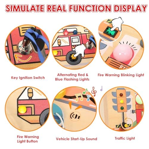 Wdmiya Montessori Busy Board for Toddlers 2-4, Fire Truck Activity Board with LED Lights & Sounds, Wooden Sensory Learning Toy with Rotary Phone, Helicopter & Gears, for 2 3 4 Year Old Boys Girls Gift - Thumbnail 4