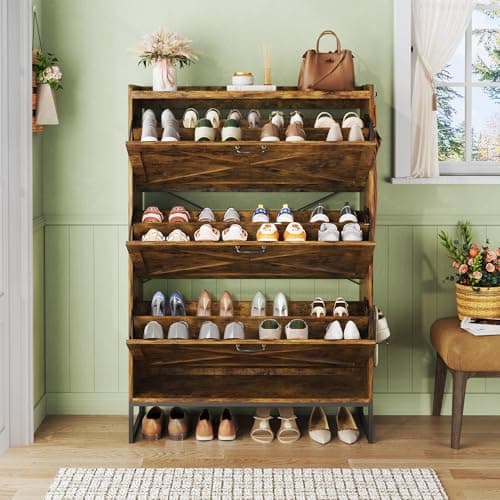 HUAHUU Shoe Cabinet with 3 Flip Drawers, Freestanding Shoe Storage Cabinet for Entryway with Adjustable Shelf, Hidden Wood Shoe Cabinets for Hallway, Living Room, Rustic Brown - Thumbnail 4