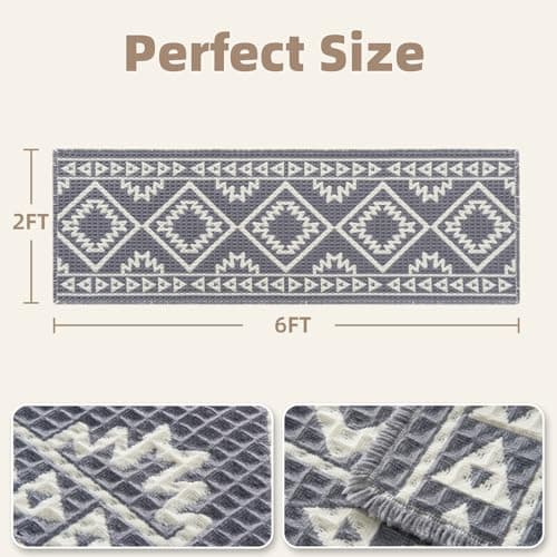 PADOOR-Waffle Bathroom Runner 24"x72", Super Absorbent Bath Mats for Bathroom, Machine Washable Non Slip Bath Rug with Tassels, Soft Bath Mat for Laundry Room, Bedroom, Grey & Cream, 2'x 6' - Thumbnail 2
