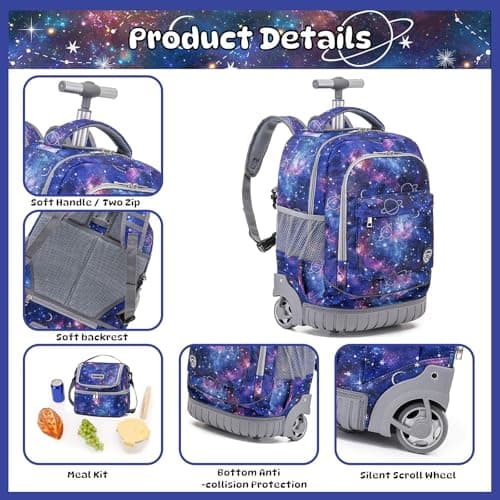 BAMIFEI 18 Inch Purple Galaxy Rolling Backpack for Girls, Galaxy Backpacks Girls Backpack with Wheels School Backpack Spacious Multiple Compartments Quiet Wheels Travel Backpack for Kids - Thumbnail 3