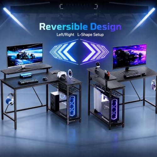 Bestier Gaming Desk with Power Outlets, 42" L-Shaped Computer Desk with LED Lights, Desk with Reversible Storage Shelves & Hooks for Small Spaces, Bedrooms & Offices, Black Carbon Fiber - Thumbnail 4