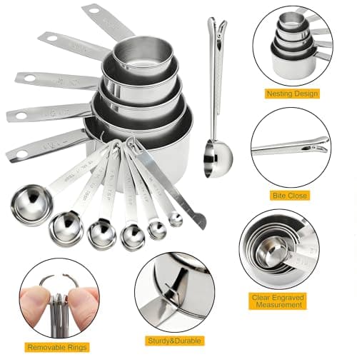 Measuring Cups and Spoons Set of 13, Stainless Steel 5 Nesting Measure Cups Set & 6 Measuring Spoons Set & 1 Leveler +1 Spoon Clip - Kitchen Baking Tools for Cooking. - Thumbnail 3