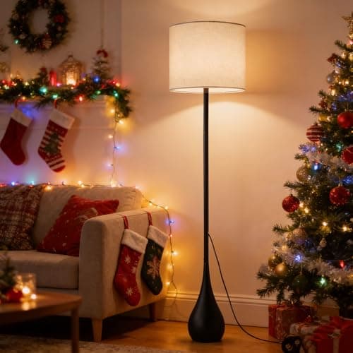 DLITISH Boho Floor Lamp 71 Inch Extal Tall, Modern Torchiere Lamp with Beige Linen Drum Shade, Large Farmhouse Black Teardrop Base Standing Lamp for Living Room, Bedroom, Corner, Office - Thumbnail 2
