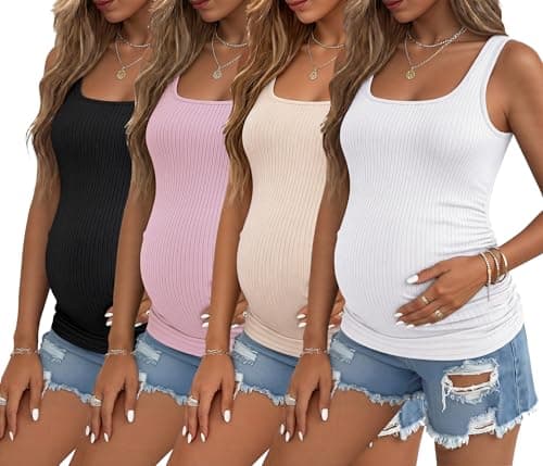 Ekouaer 4 Pack Maternity Tank Tops Ribbed Summer Pregnancy Shirts Ruch Side Tops Casual Square Neck Postpartum Clothes Black/Light Khaki/Pink/White 2XL - Image 1