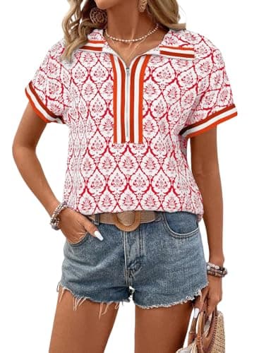 SHEWIN Women Summer Shirts Trendy Casual Dressy Tops Spring Work Business Blouses Fall Fashion Half Zip Outfits Boho Bohemian 2026 Clothes Size M，Orange - Image 1