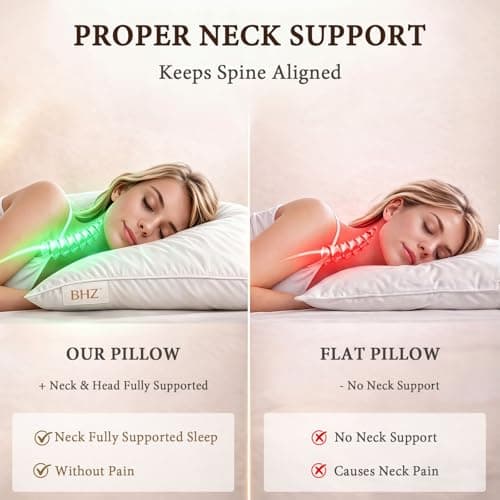 BHZ Goose Down Feather Pillows Queen Size Set of 2, Hotel Collection Bed Pillows for Sleeping Medium Firm Soft Support Pillow for Side and Back Sleepers - Thumbnail 3