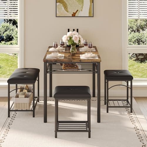 Garvee Dining Table Set for 4, Kitchen Table with Upholstered Bench and 2 Stools, 4 Pieces Kitchen Table Set with Storage Rack & Metal Frame for Small Space, Kitchen Table and Chairs Set for Apartment - Thumbnail 4