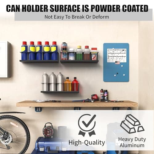 Riciakik 4 Pack Wall-Mounted Spray Bottle Holder, Aerosol Spray Can Holder Storage Rack, Heavy-Duty Paint Bottle Organizer With 20 Holes, Steel Black Spray Rack for Garage, Shop, Home or Tool Trailer - Thumbnail 5