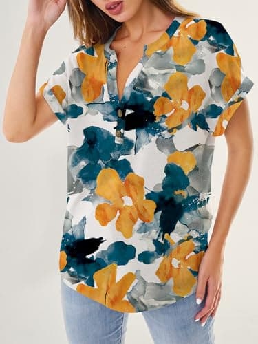 GKBK Womens Short Sleeve Henley Tops V Neck Dressy Casual Blouses Summer Trendy Tee Shirts 2026 Vacation Going Out Resort Wear Fashion Clothes Print Flower L - Thumbnail 6