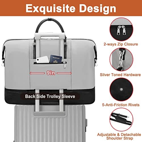 Travel Weekender Bags for Women, Overnight Bag with Shoe Compartment, Oversized Travel Duffel Bag Carry On Tote with Trolley Sleeve 21" for Weekend Travel Business Trip - Thumbnail 5