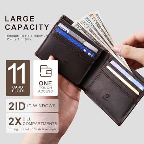 GSOIAX Top Genuine Grain Leather Premium Crazy Horse Wallet for Men-Handcrafted Vintage RFID Blocking Bifold 11 Card Slots 2 ID Windows & 2 Cash Pockets wallet Gift for Him(Dark brown) - Thumbnail 2