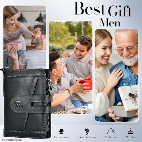 Genuine Leather Chain Wallets for Men: RFID Blocking Mens Wallet with Chain Purse Bifold Zipper Coin Pocket with Anti-Theft Chain, Gift for Father Husband At Birthday - Thumbnail 6