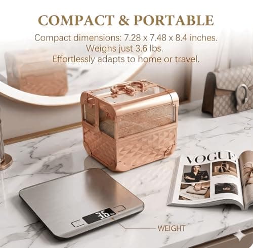 VETALLO Makeup Train Case Travel - Portable Cosmetic Storage Organizer Box Adjustable With 2 Trays, With Lock And Compartments,8.4 Inch Gold - Thumbnail 2