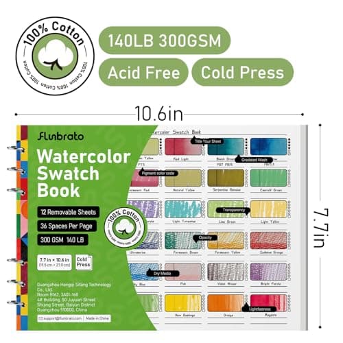 FLUNBRATO Watercolor Swatch Book 12 Sheets,100% Cotton Binder Bound 10.6 x 7.7 inch 140lb 300gsm Swatch Book for Watercolor Colored Pencils Oil Pastel Acrylic Markers & Mixed Media - Thumbnail 2