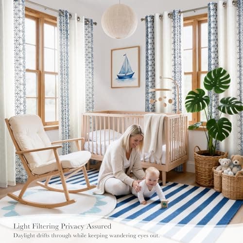 NICETOWN Navy Blue and Cream Boho Curtains 102" Long, Embroidered Linen Textured Floor to Ceiling Drapes with Antique Bronze Grommets, Light Filtering Window Treatment for Living Room, 2 Panels - Thumbnail 3