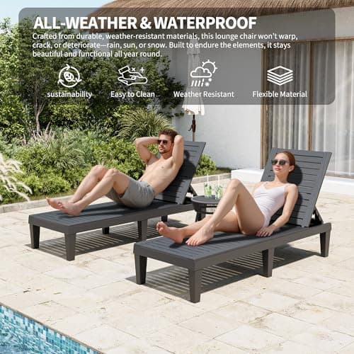 NBYSGO Patio Chaise Lounge Set of 2, 5-Position Adjustable Reclining Patio Lounge Chairs with Wood Grain Finish, All-Weather Resin Pool Lounge Chairs for Garden Deck Backyard (Black) - Thumbnail 3