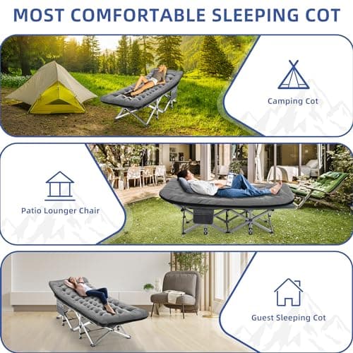 Fragess Camping Cot, Sleeping Cots for Adults, Portable Camping cots with Mattress, Pillow and Carry Bag, 1200D Double Layer Oxford, 600 LBS Weight Capacity Cots for Sleeping(Grey+Black) - Thumbnail 6
