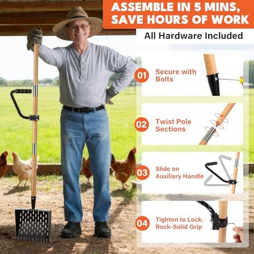 Chicken Poop Scooper for Sand, Extra Large Chicken Coop Scoop with 47" Handle & Assist Tool, 1.6mm Thick Heavy Duty Chicken Scooper for Poop, 2-in-1 Sifting Rake for Effortless Cleaning - Thumbnail 3