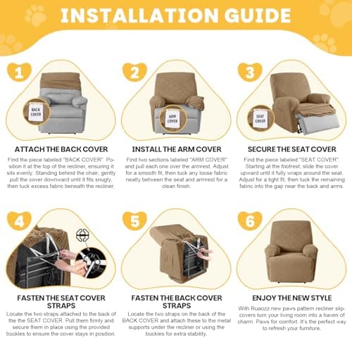Ruaozz Recliner Chair Covers, 4-Pieces Recliner Cover Stretch Paw Bone Prints Reclining Chair Slipcovers Soft Furniture Protector with Pockets for Lazy Boy Recliner (1 Seat, Light Coffee) - Thumbnail 6