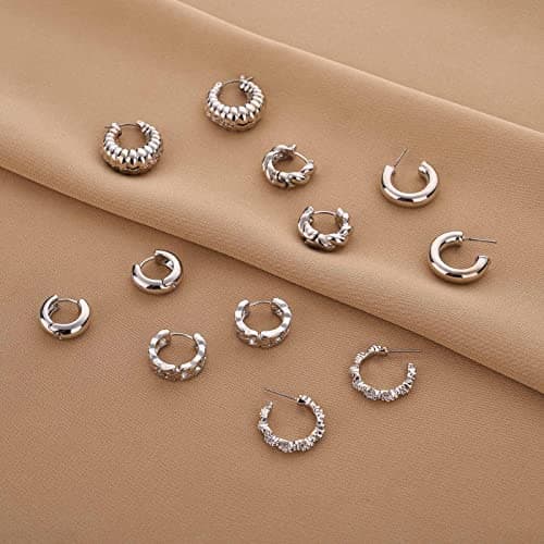 Wgoud Chunky Hoop Earrings Set Silver Hoop Earrings for Women Hypoallergenic, Thick Hoops Earring set, Twist Huggie Hoop Earring (6 Silver Chunky Hoops) - Thumbnail 4