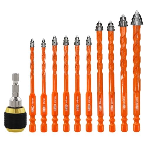 BGTEC Serrated Carbide Masonry Drill Bit Set - 10PCS 3/16"*2，1/4"*4，5/16"*2，3/8"，1/2" Wood Drill Bits with a Quick Release Bit Holder for Wood Plastic Masonry Brick Tile Glass Concrete Marble