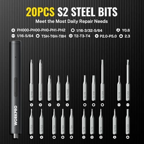 WORKPRO 20-in-1 Mini Electric Screwdriver with Magnetizer & S2 Steel Bits, 3.6V Rechargeable Precision Screwdriver Set for Electronics, Phone, Camera, Laptop & Watch - Thumbnail 5