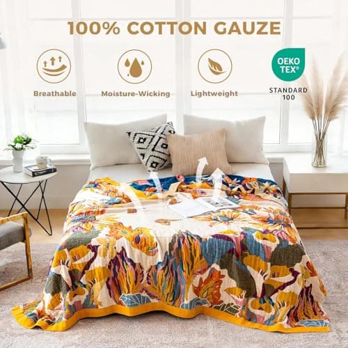 King Throw Blanket for Bed 100% Cotton Boho Soft Rustic Quilt Butterfly and Floral Double Embroidery Breathable Spring Bed Blanket,90"x108" All Season Blankets for Bedding Couch Home Decor - Thumbnail 2