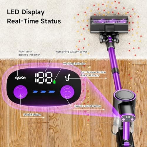 Honki Cordless Vacuum Cleaner, 500W/40Kpa Vacuum Cleaners for Home, Stick Vacuum Cordless with LED Display, Anti-Tangle & Wall Mount, 8 in 1 Lightweight Vacuum for Hard Floors Pet Hair(Purple) - Thumbnail 3