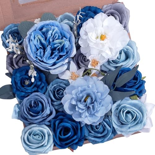 AKAUKIN Dusty Blue Artificial Flowers Box Set with Premium Silk Roses & Dahlia for Wedding Bridal Bouquets, Baby Shower, Birthday Party, Table Centerpieces, Home Decor & DIY Floral Arrangements