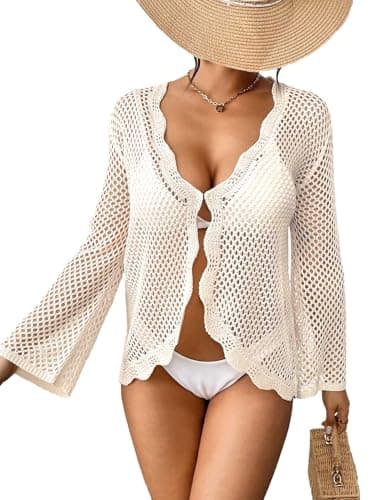 BreathSunny Womens Crochet Knit Loose Fit Swimsuit Coverup Tops Summer 2025 Open Front Ruffle Long Sleeves Hollow Out Swimwear Beach Swim Bathing Suit Cover Up Cropped Cardigans Cream White S - Image 1
