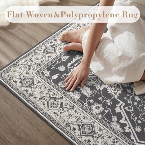 AMOAMI-Outdoor Rug-Patio Rug 5x8 ft Quick Dry Flatweave Textured Machine Washable Outdoor Carpet with Rubber Particles Backing Vintage Outdoor Area Rug for Patio Deck Front Porch Balcony Greyish Black - Thumbnail 3