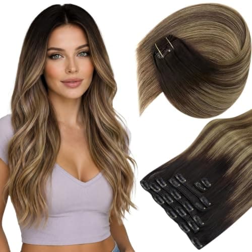 Sunny Hair Clip in Hair Extensions Real Human Hair 120g Remy Hair Clip in Extensions for Women Human Hair Extensions Black Ombre Brown Balayage Caramel Blonde 22 Inch - Image 1
